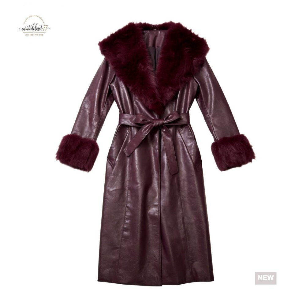 Leather Coat with Faux Fur Trim Belted Long Overcoat Slim Fit Elegant